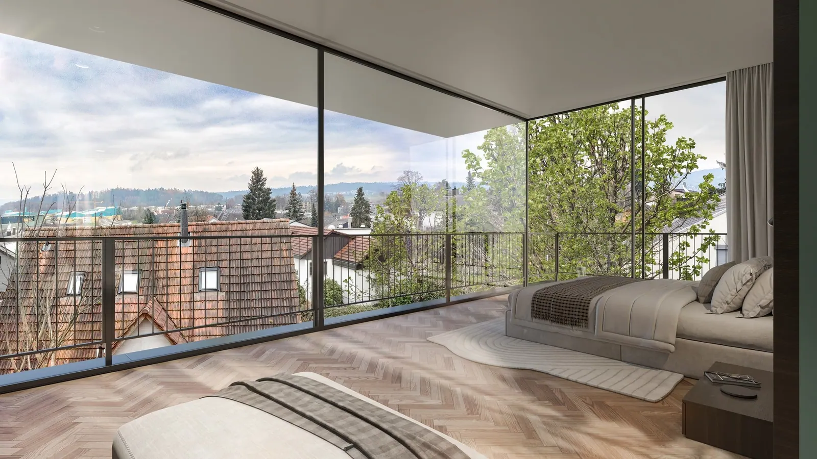 Schlafzimmer mit Panoramaverglasung in einer vermarkteten Liegenschaft